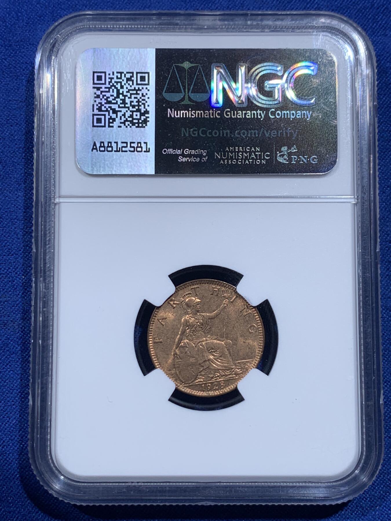 《竞宝斋》第426场 周日，周一  2场连拍 （全场包邮） NGC MS64RB 英国 1928年 乔治五世 1法新铜币 红铜满转光 与麦稀奇的64分拍卖记录 同分中的上乘品 可媲美65的佳品