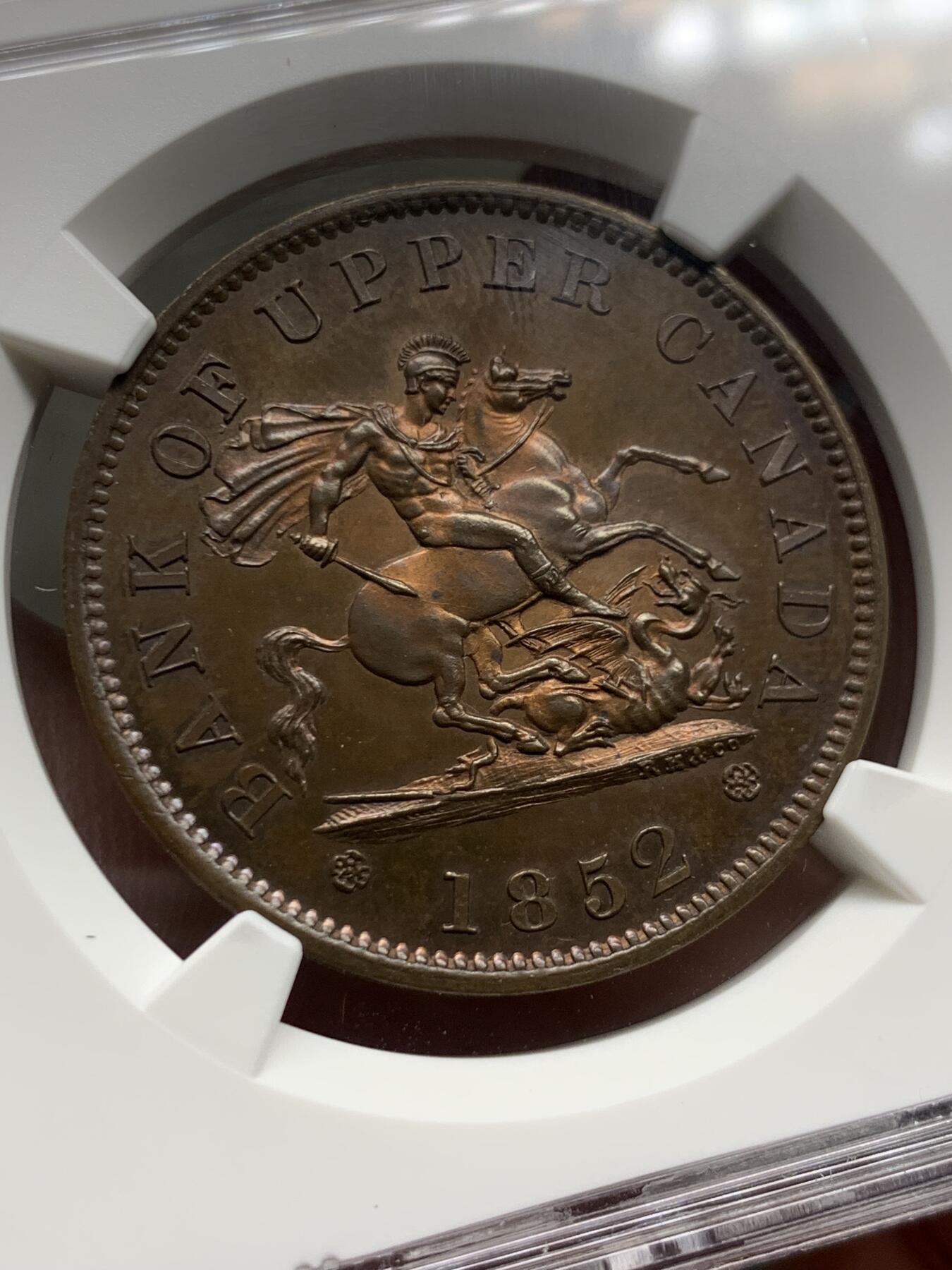 《竞宝斋》第426场 周日，周一  2场连拍 （全场包邮） 冠军分 NGC PF64RB 加拿大 1852年 马剑1便士TOKEN铜币 顶级状态 不二选择