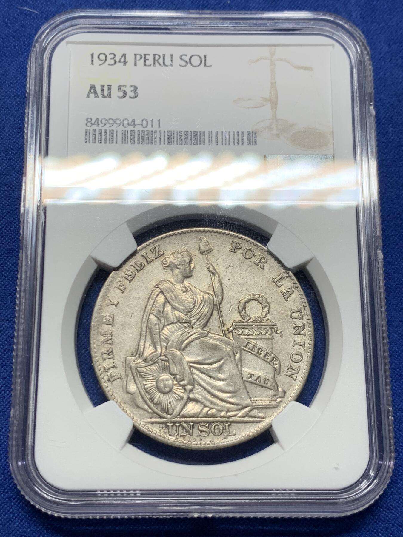 《竞宝斋》第426场 周日，周一  2场连拍 （全场包邮） NGC AU53 秘鲁1934年一索尔银币 老包浆