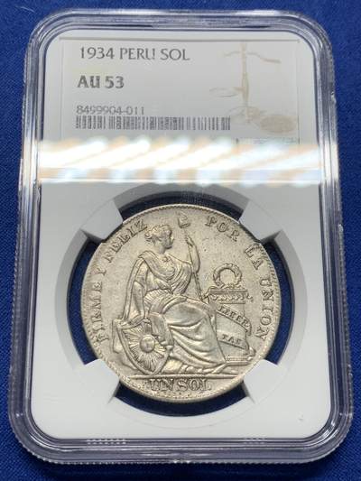 《竞宝斋》第426场 周日，周一  2场连拍 （全场包邮） - NGC AU53 秘鲁1934年一索尔银币 老包浆