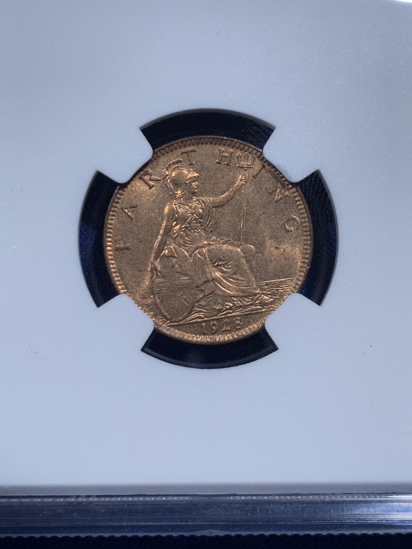 《竞宝斋》第426场 周日，周一  2场连拍 （全场包邮） NGC MS64RB 英国 1928年 乔治五世 1法新铜币 红铜满转光 与麦稀奇的64分拍卖记录 同分中的上乘品 可媲美65的佳品