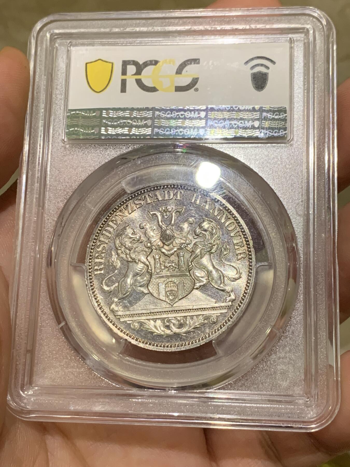 《竞宝斋》第426场 周日，周一  2场连拍 （全场包邮） PCGS MS63 德国1872年汉诺威射击节女神泰勒章型银币 发行仅6317枚 图像精制感十足 镜面底板