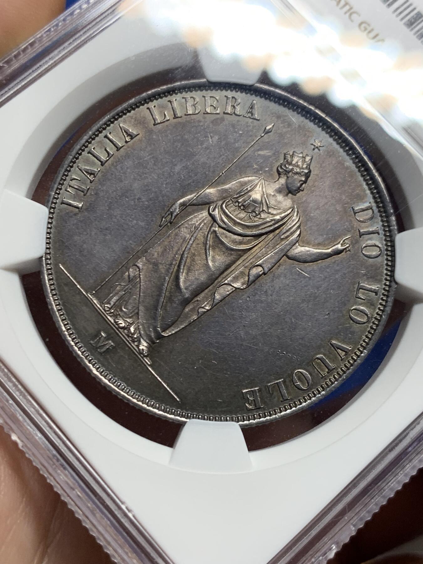 《竞宝斋》第426场 周日，周一  2场连拍 （全场包邮） NGC UNC 意大利1848年伦巴第-威尼斯5里拉大银币 革命临时政府 M记米兰厂铸 光度极好 深色包浆  人像面部清晰  细节极美