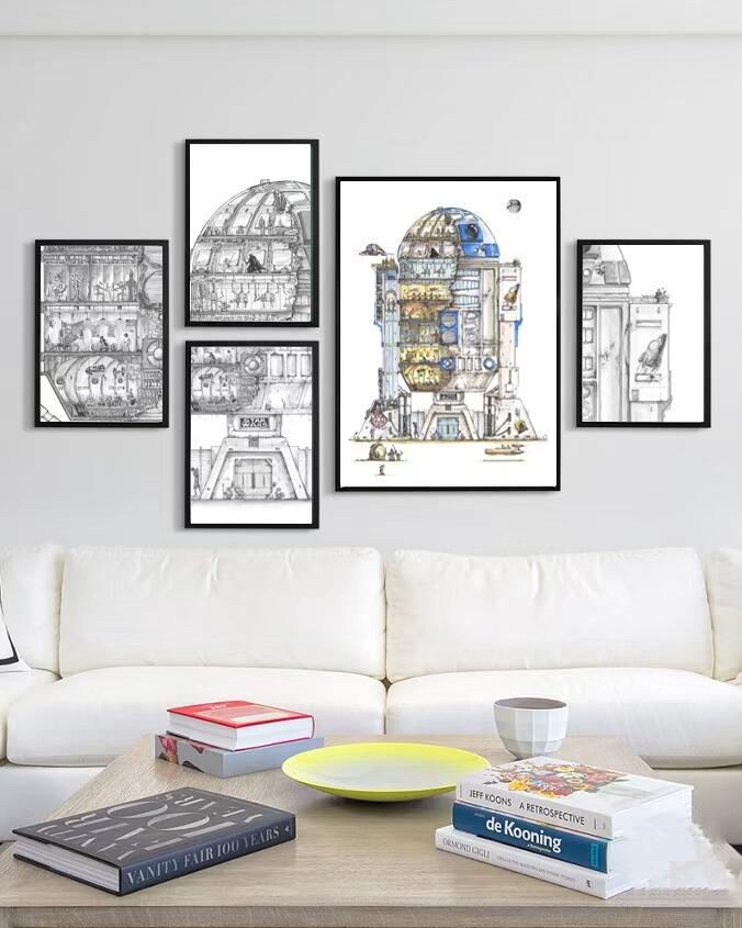 零元拍：歪歪亲笔签名系列作品装饰画作品。名称《R2D2大厦》彩色版，作品尺寸：0.6X0.9M，超厚300g泛太克艺术纸，爱普生原装墨水艺术微喷，限量200张，