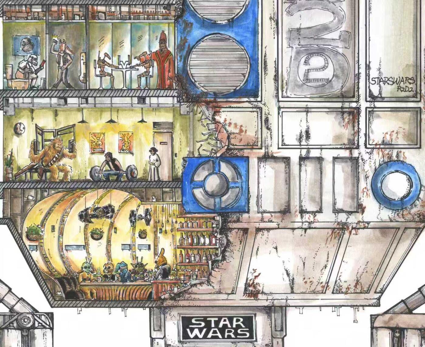 零元拍：歪歪亲笔签名系列作品装饰画作品。名称《R2D2大厦》彩色版，作品尺寸：0.6X0.9M，超厚300g泛太克艺术纸，爱普生原装墨水艺术微喷，限量200张，