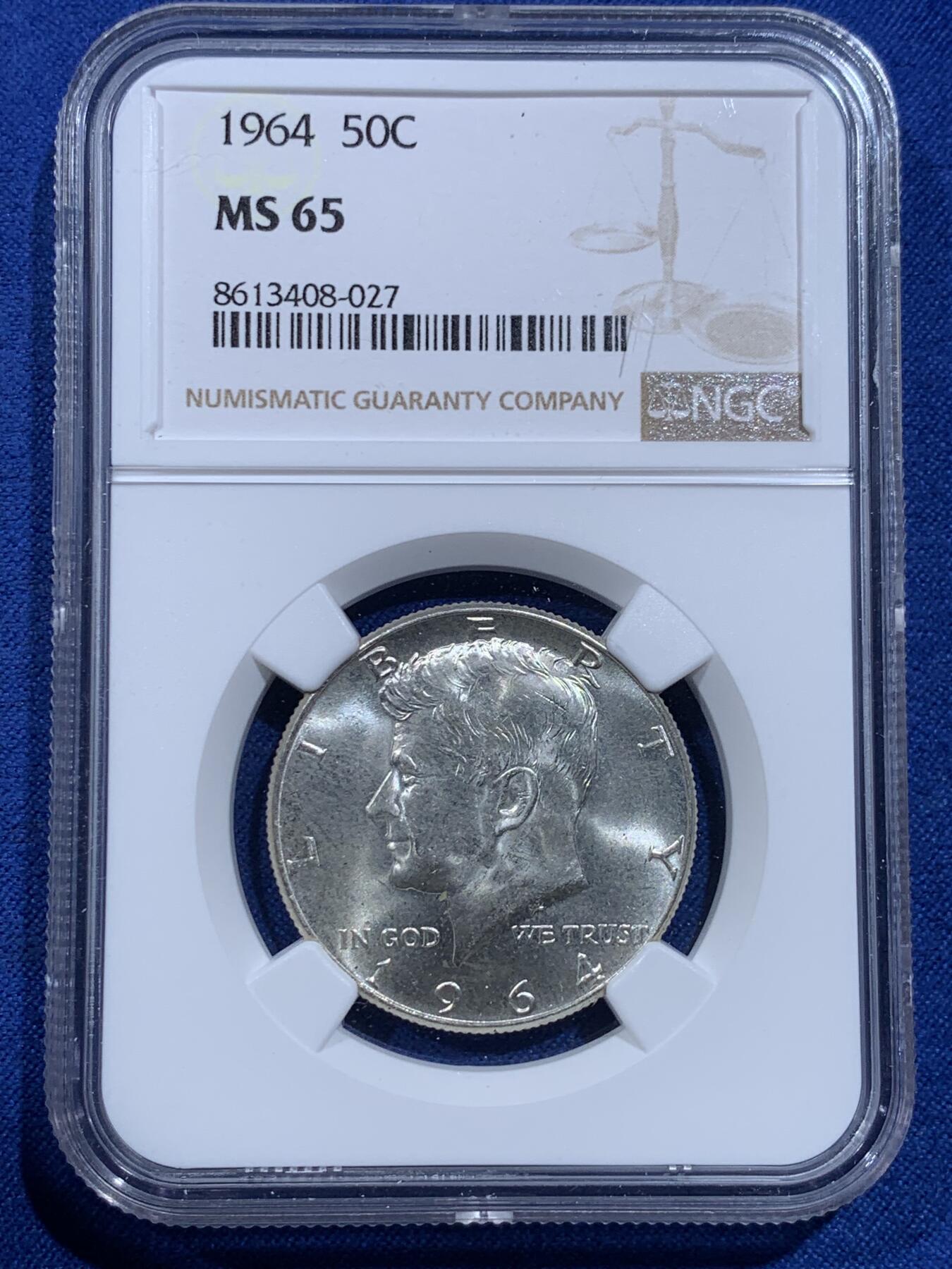 《竞宝斋》第426场 周日，周一  2场连拍 （全场包邮） NGC MS65 美国1964年肯尼迪半美元银币 高银 经典品种 65分一步到位的品相