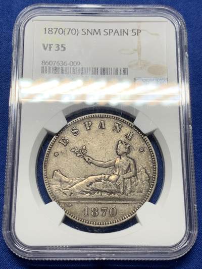 《竞宝斋》第426场 周日，周一  2场连拍 （全场包邮） - NGC VF35 西班牙1870年拿花双柱5比塞塔银币 ngc严评 包浆蛮不错的 味道也好
