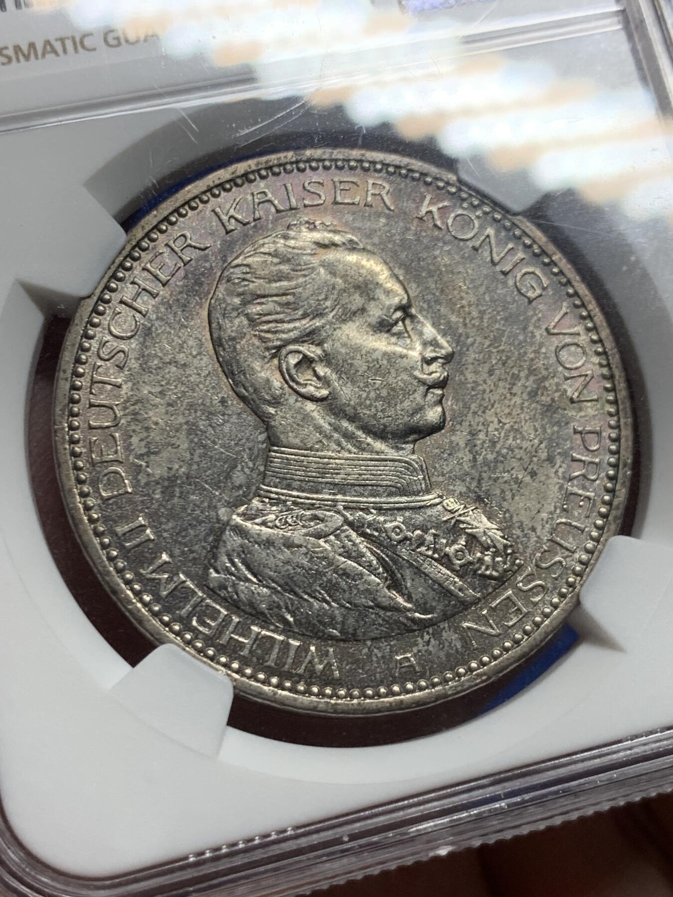 《竞宝斋》第426场 周日，周一  2场连拍 （全场包邮） NGC MS62 德国 1913年 威廉二世戎装像 5马克 银币