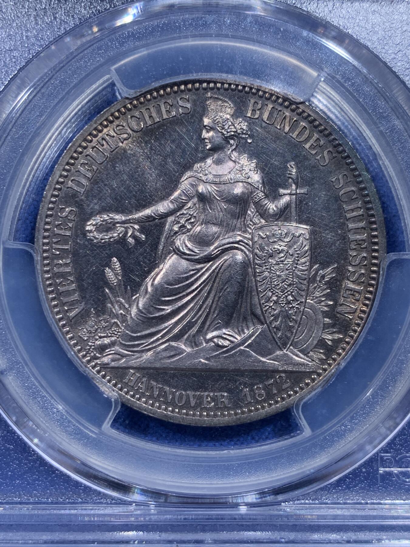 《竞宝斋》第426场 周日，周一  2场连拍 （全场包邮） PCGS MS63 德国1872年汉诺威射击节女神泰勒章型银币 发行仅6317枚 图像精制感十足 镜面底板