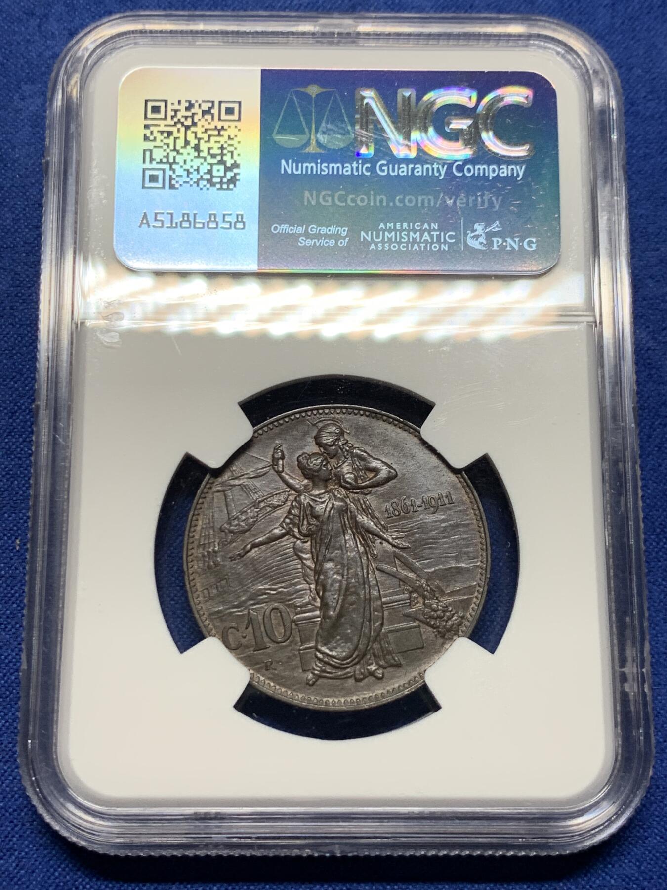 《竞宝斋》第426场 周日，周一  2场连拍 （全场包邮） NGC MS62BN 意大利1911年10分铜币