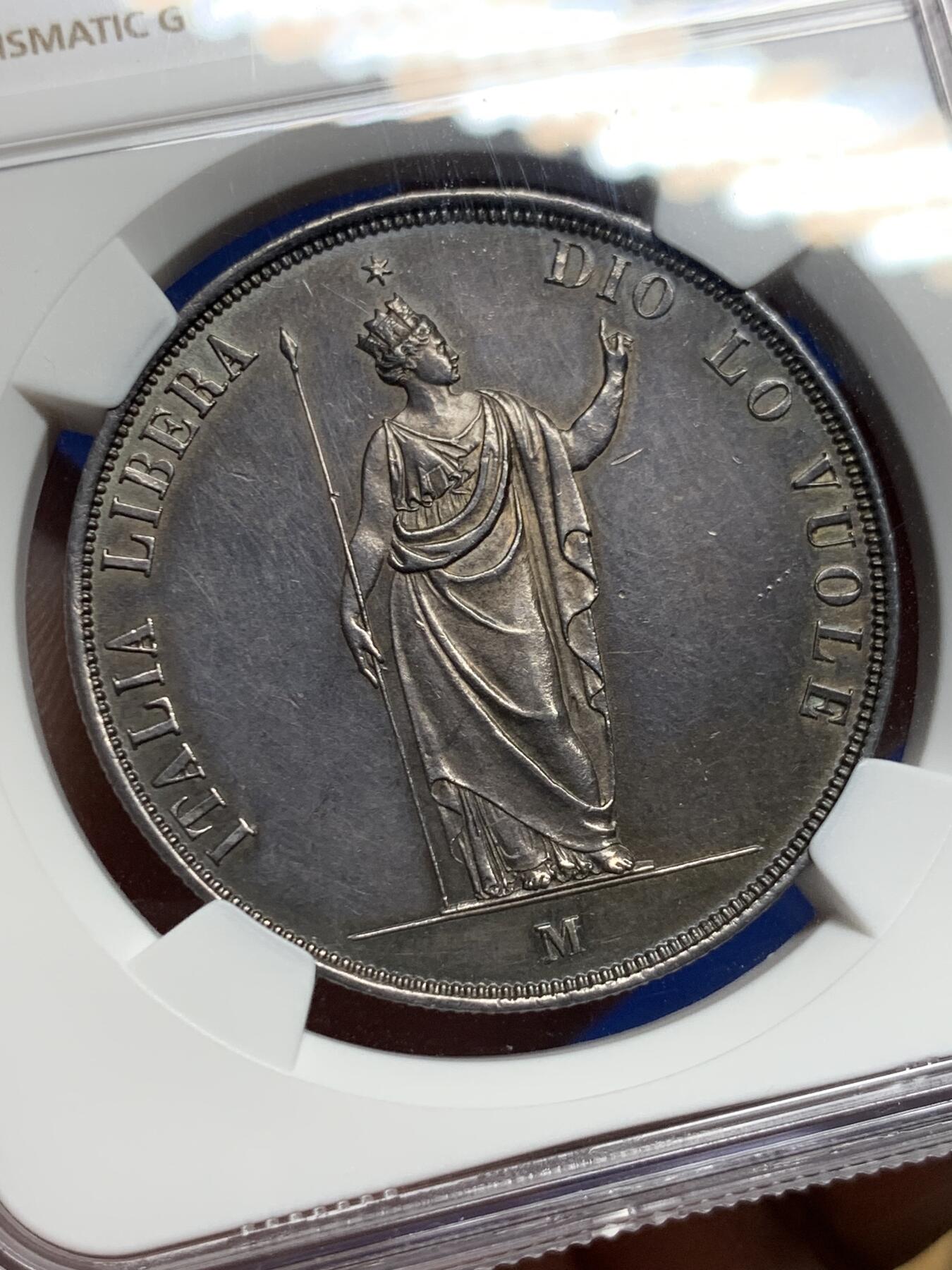 《竞宝斋》第426场 周日，周一  2场连拍 （全场包邮） NGC UNC 意大利1848年伦巴第-威尼斯5里拉大银币 革命临时政府 M记米兰厂铸 光度极好 深色包浆  人像面部清晰  细节极美