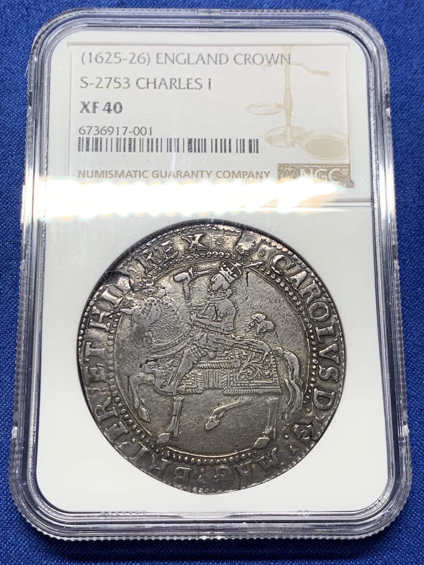 《竞宝斋》第426场 周日，周一  2场连拍 （全场包邮） PCGS XF40 英国 1625 查理一世克朗，查理一世克朗中最少的版别之一，早期上海NGC低评，外拍AU有分价格超10000镑