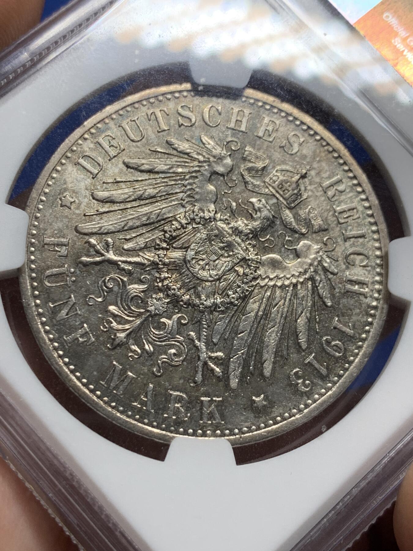 《竞宝斋》第426场 周日，周一  2场连拍 （全场包邮） NGC MS62 德国 1913年 威廉二世戎装像 5马克 银币