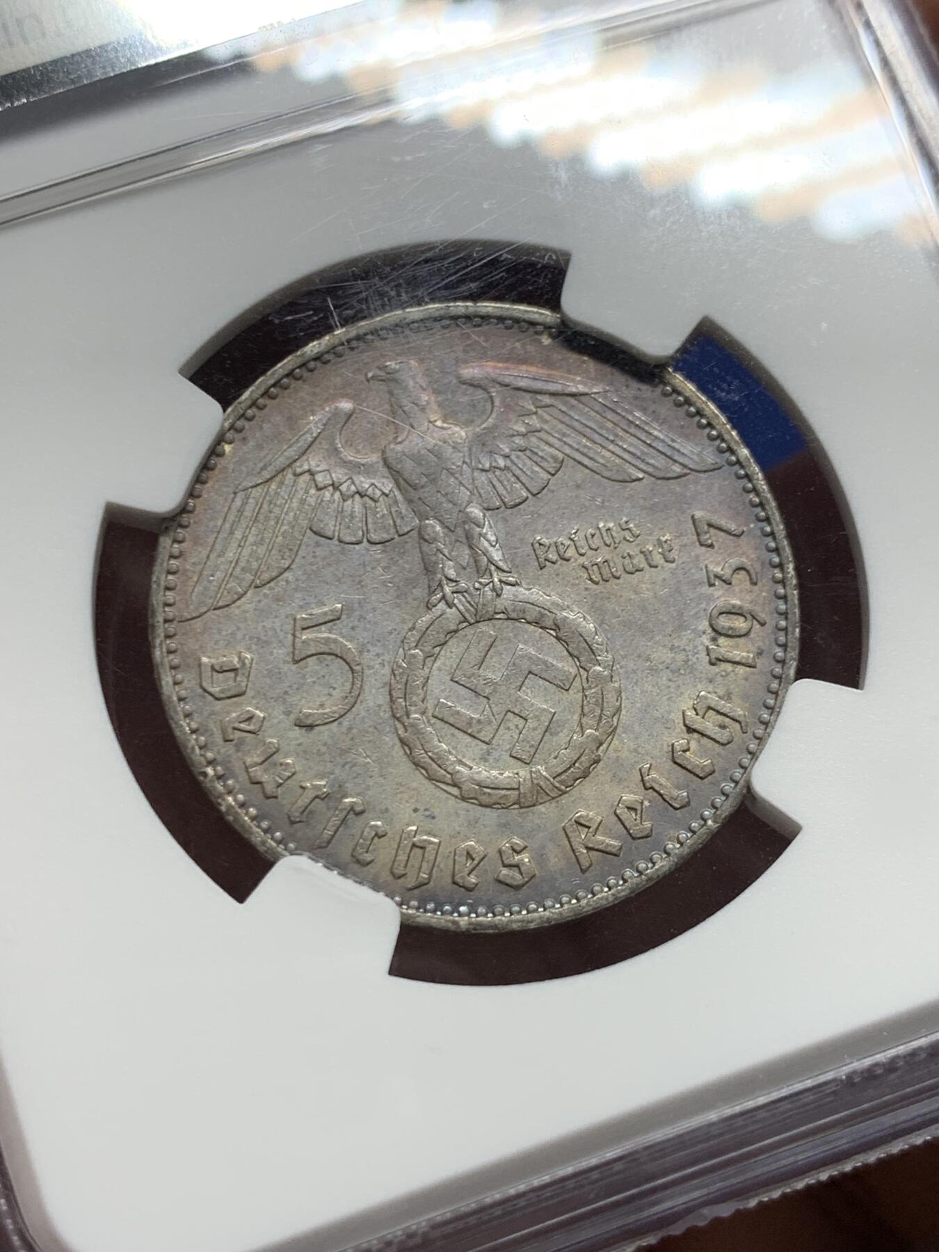 《竞宝斋》第426场 周日，周一  2场连拍 （全场包邮） NGC MS62 德国 1937J 兴登堡 5马克 银币 双面醇厚原味包浆，底板优秀。
