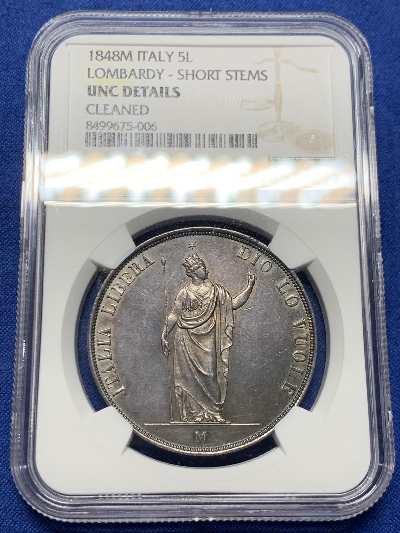 《竞宝斋》第426场 周日，周一  2场连拍 （全场包邮） NGC UNC 意大利1848年伦巴第-威尼斯5里拉大银币 革命临时政府 M记米兰厂铸 光度极好 深色包浆  人像面部清晰  细节极美
