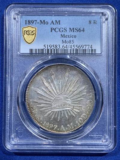 《竞宝斋》第426场 周日，周一  2场连拍 （全场包邮） - PCGS MS64 墨西哥 1897 Mo AM 花边鹰洋 8R银币 亚军分，仅有一枚最高分。sbp原拍品，二三年拍卖660美元。五彩包浆，全深打。