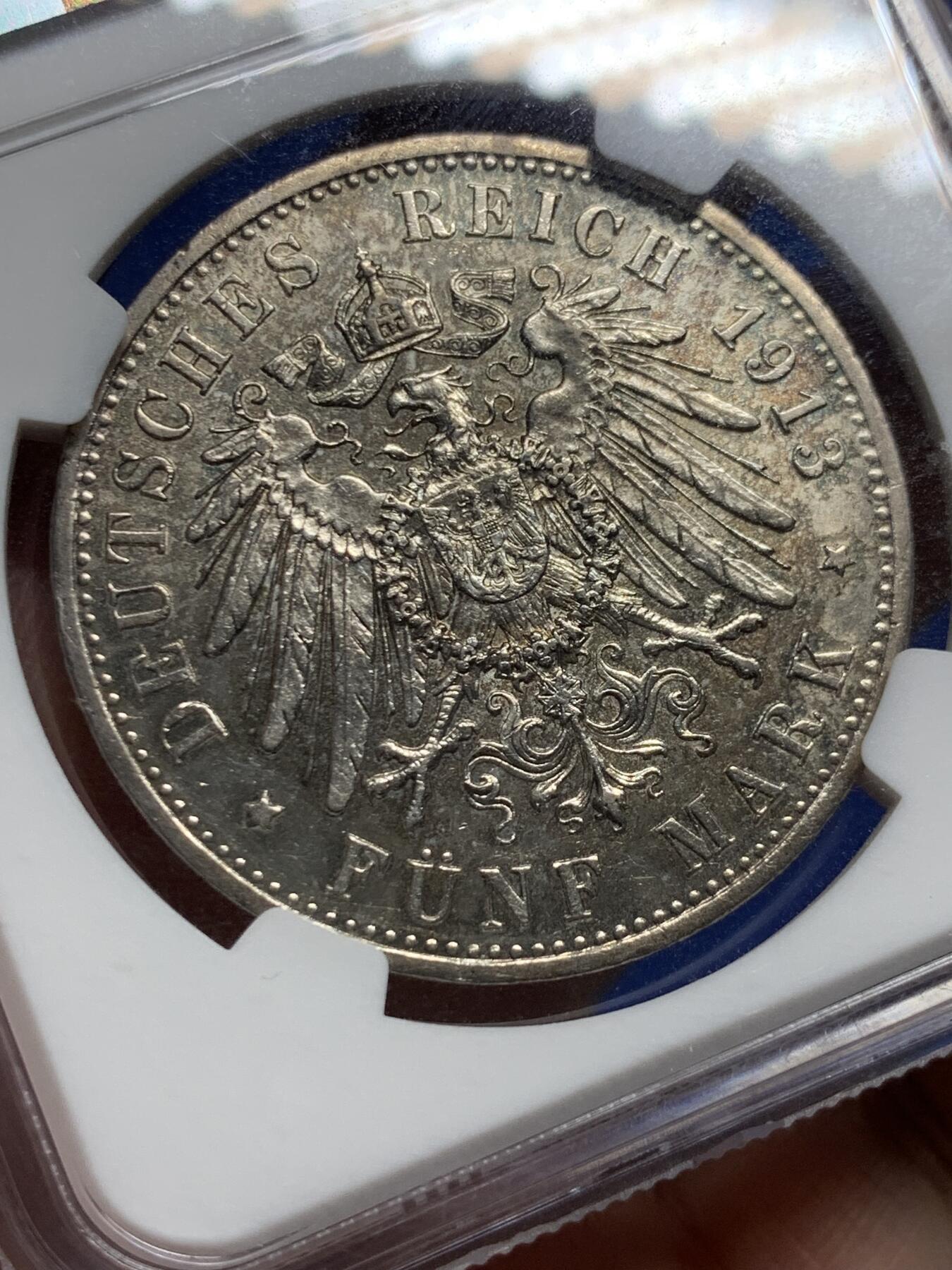 《竞宝斋》第426场 周日，周一  2场连拍 （全场包邮） NGC MS62 德国 1913年 威廉二世戎装像 5马克 银币