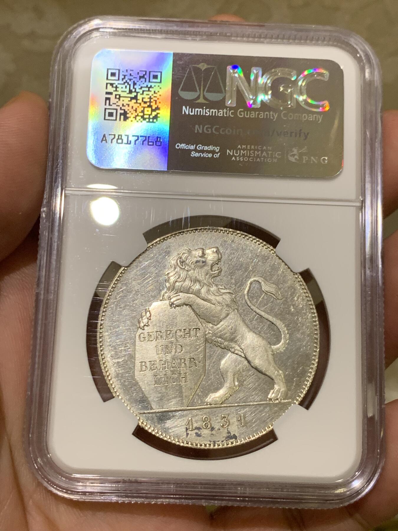 《竞宝斋》第426场 周日，周一  2场连拍 （全场包邮） NGC UNC 德国 1831年 巴伐利亚 立法会开幕纪念泰勒大银币 稀见品种