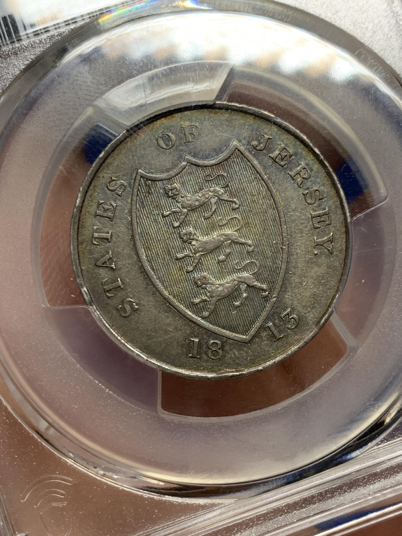 《竞宝斋》第426场 周日，周一  2场连拍 （全场包邮） PCGS AU55 泽西岛1813年18便士银代币 发行量91000枚 亚军分
