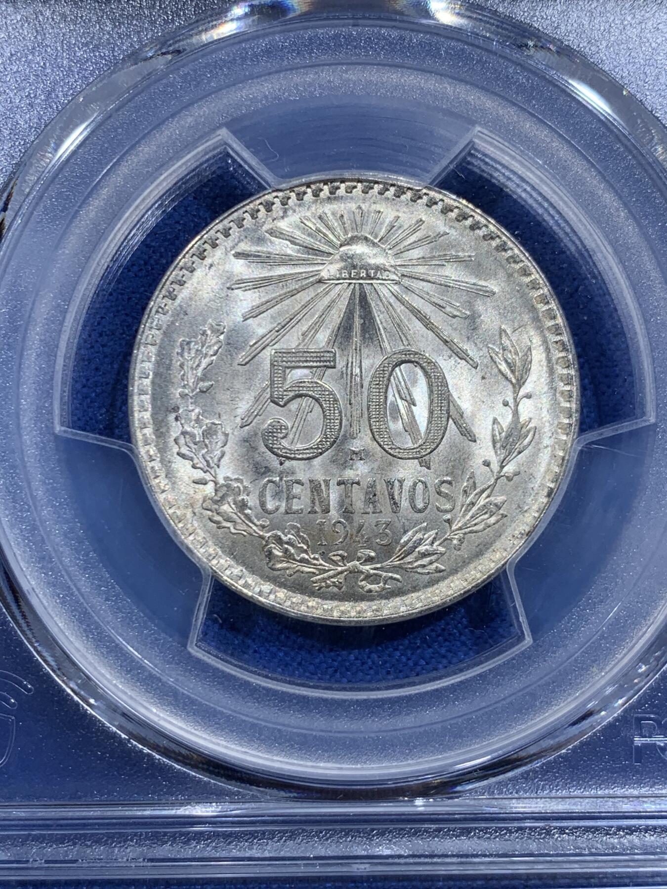 《竞宝斋》第426场 周日，周一  2场连拍 （全场包邮） PCGS MS66 墨西哥1943年鹰洋50分银币，原卷原光，一步到位的藏品，无需换藏的品相。