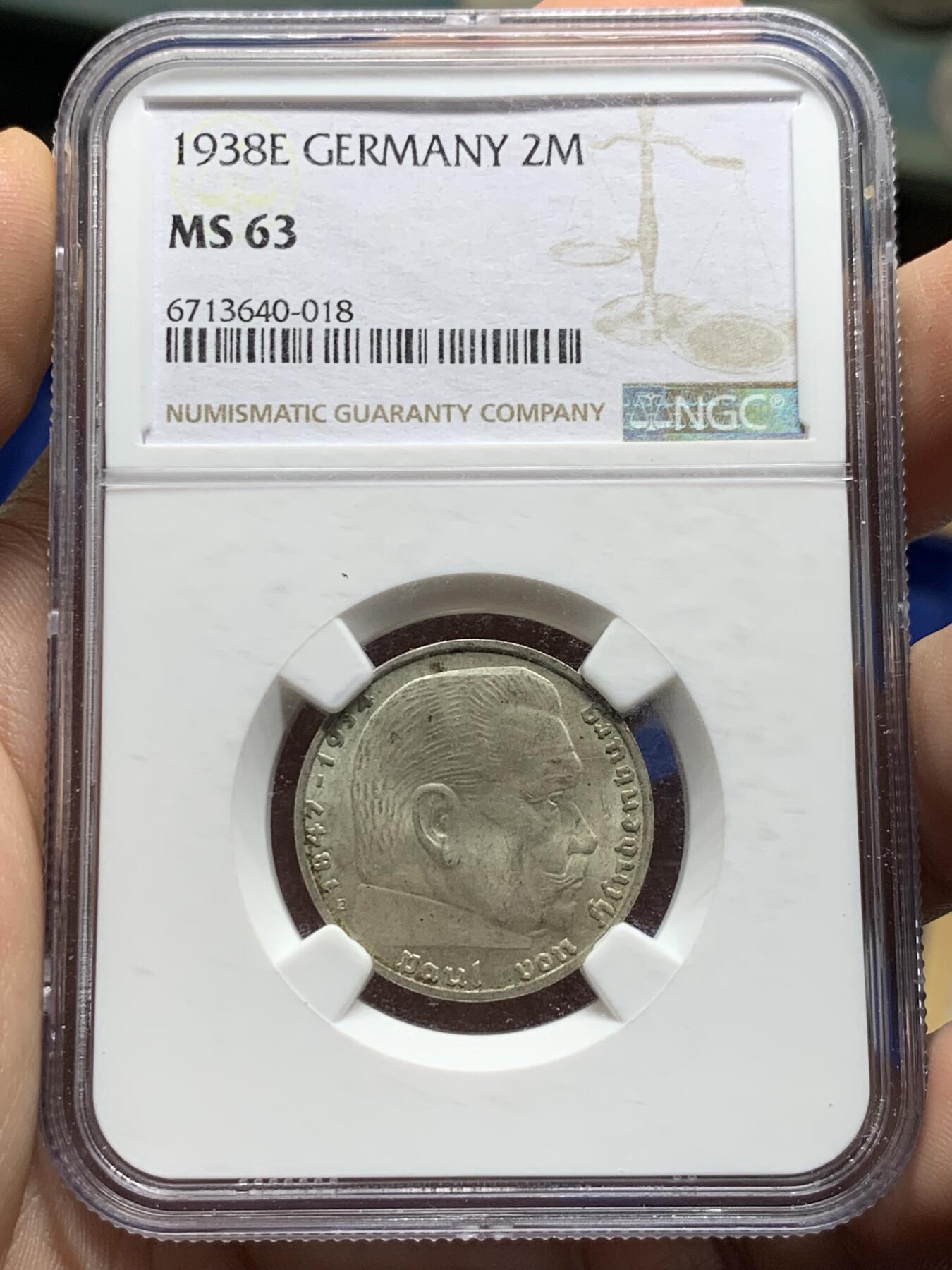 《竞宝斋》第426场 周日，周一  2场连拍 （全场包邮） NGC MS63 德国1938年少见E版兴登堡2马克银币