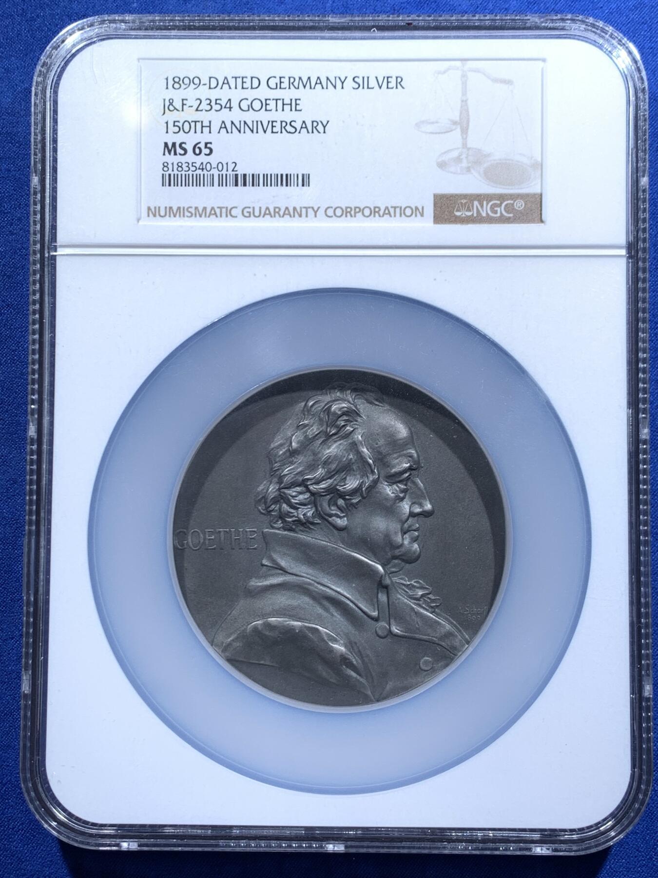 《竞宝斋》第426场 周日，周一  2场连拍 （全场包邮） NGC MS65 德国 1899年 歌德诞辰150周年纪念大银章 68mm 约140克 超大规格 背面为《浮士德》第一幕 天堂序曲 沙夫名家作品 N加大加厚盒