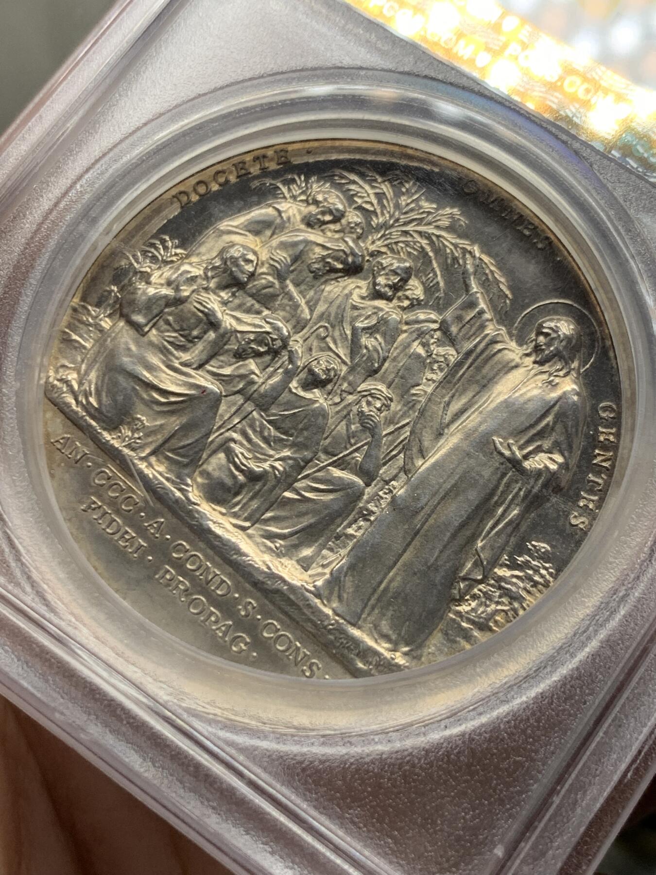 《竞宝斋》第426场 周日，周一  2场连拍 （全场包邮） PCGS SP62 梵蒂冈1922年庇护十一世高浮雕纪念银章 稀少 加厚盒封装
