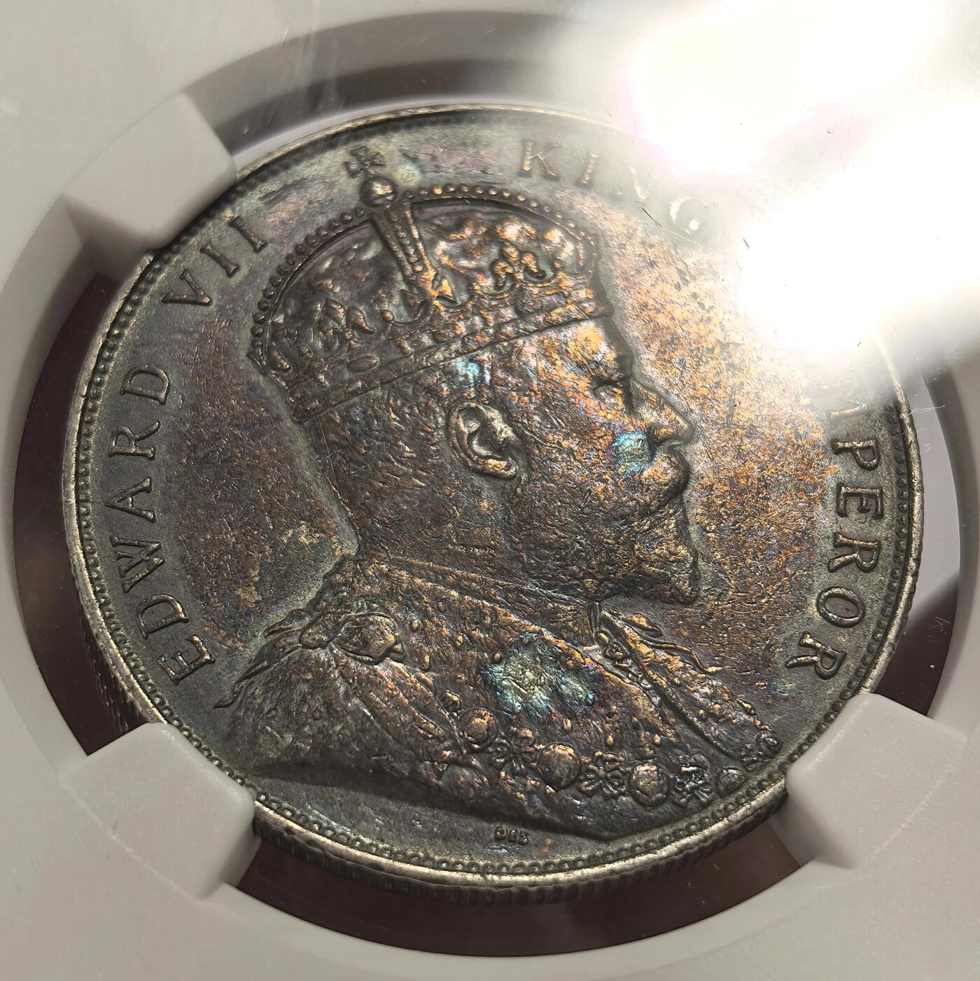 博洋堂世界钱币拍卖第142期（全场包邮） NGC AU 海峡殖民地1907年爱德华七世壹圆银币，深彩包浆