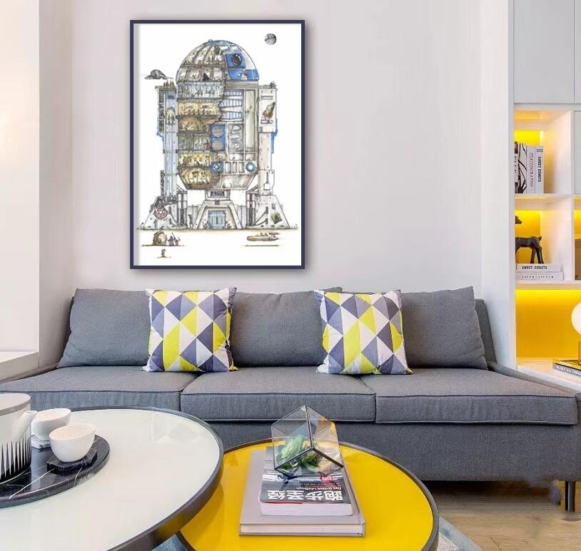 零元拍：歪歪亲笔签名系列作品装饰画作品。名称《R2D2大厦》彩色版，作品尺寸：0.6X0.9M，超厚300g泛太克艺术纸，爱普生原装墨水艺术微喷，限量200张，