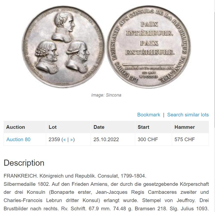 《竞宝斋》第426场 周日，周一  2场连拍 （全场包邮） NGC UNC 法国1802年拿破仑“共和国执政官”银章，68mm，拿皇银章少见。加大加厚盒。22年裸章成交价超过6000了