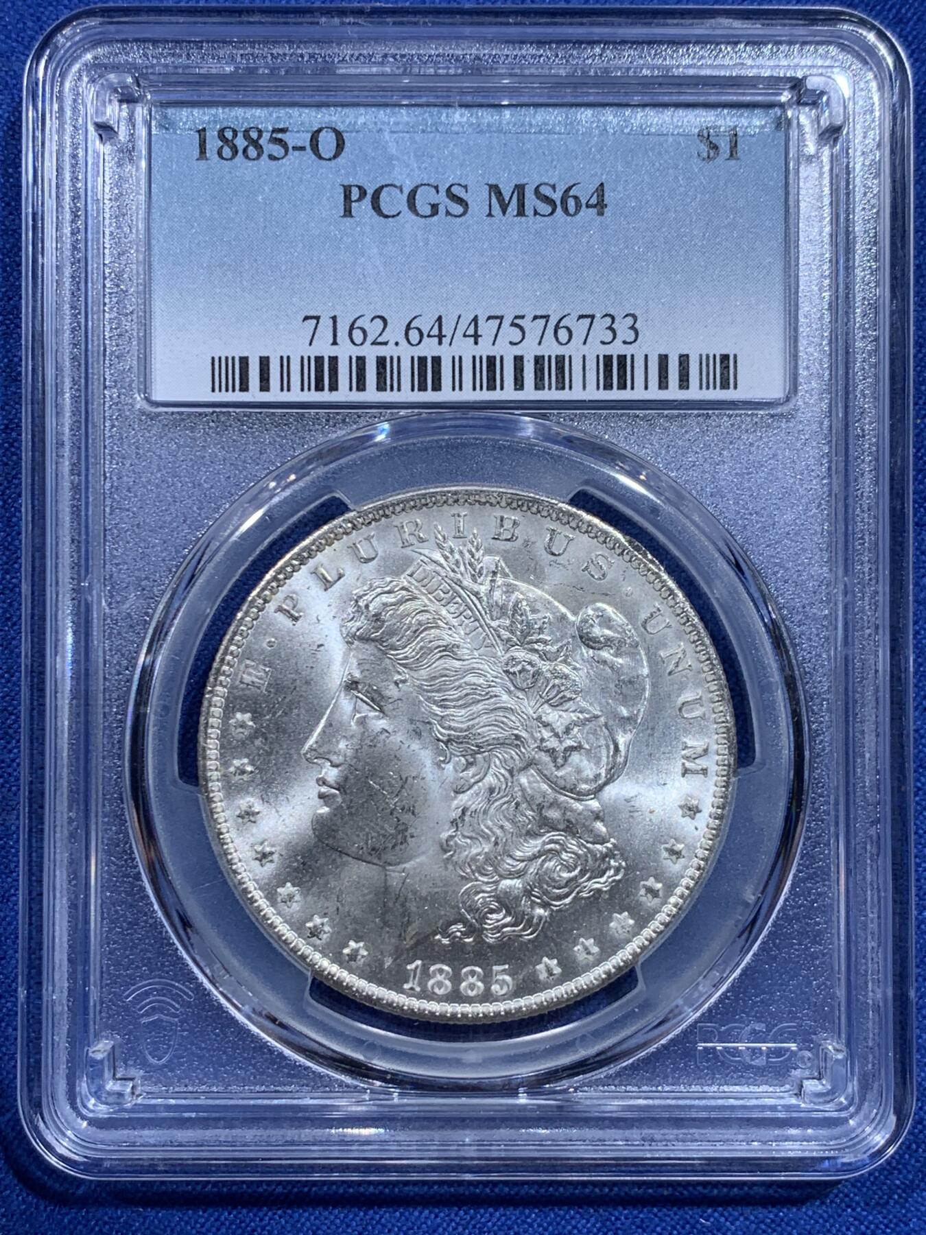 《竞宝斋》第426场 周日，周一  2场连拍 （全场包邮） PCGS MS64 美国1885年-O版摩根1美元银币 白净转光