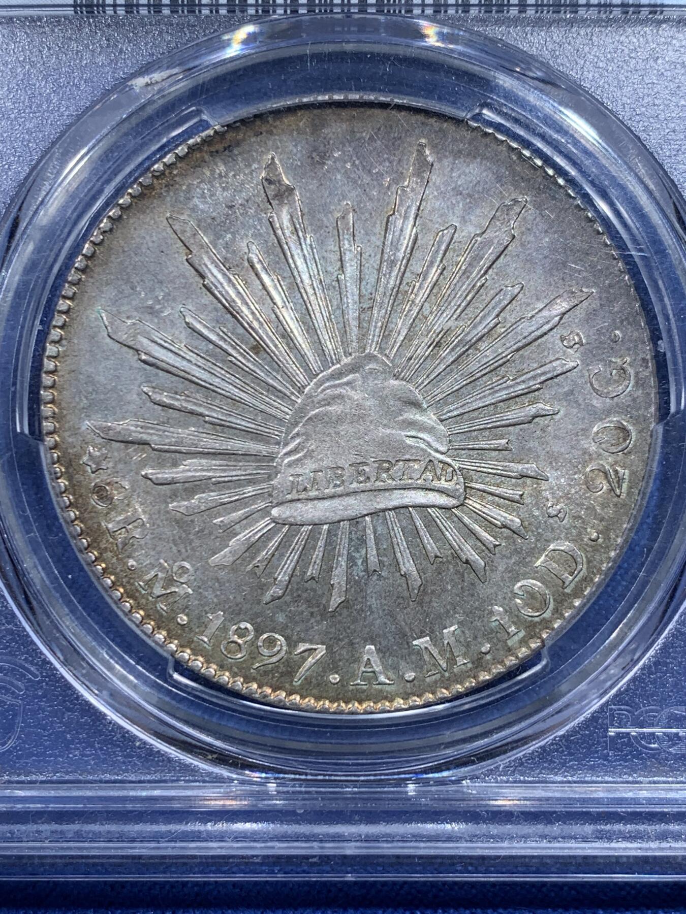 《竞宝斋》第426场 周日，周一  2场连拍 （全场包邮） PCGS MS64 墨西哥 1897 Mo AM 花边鹰洋 8R银币 亚军分，仅有一枚最高分。sbp原拍品，二三年拍卖660美元。五彩包浆，全深打。