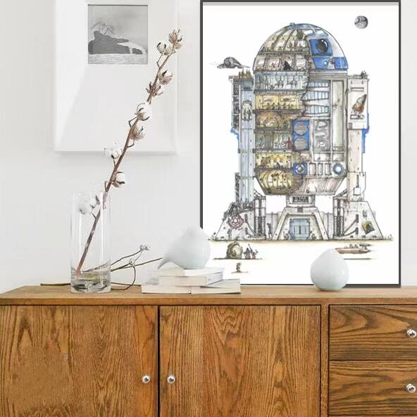 零元拍：歪歪亲笔签名系列作品装饰画作品。名称《R2D2大厦》彩色版，作品尺寸：0.6X0.9M，超厚300g泛太克艺术纸，爱普生原装墨水艺术微喷，限量200张，