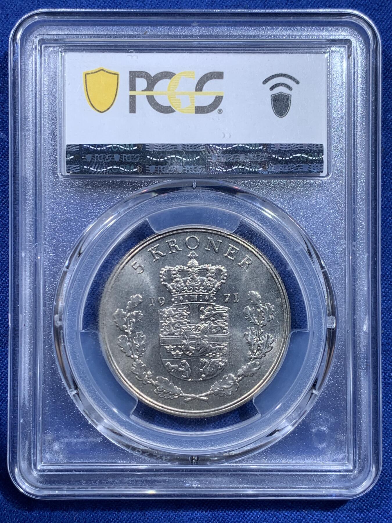 《竞宝斋》第426场 周日，周一  2场连拍 （全场包邮） PCGS MS64 丹麦1971年5克朗，亚军分，适合入手