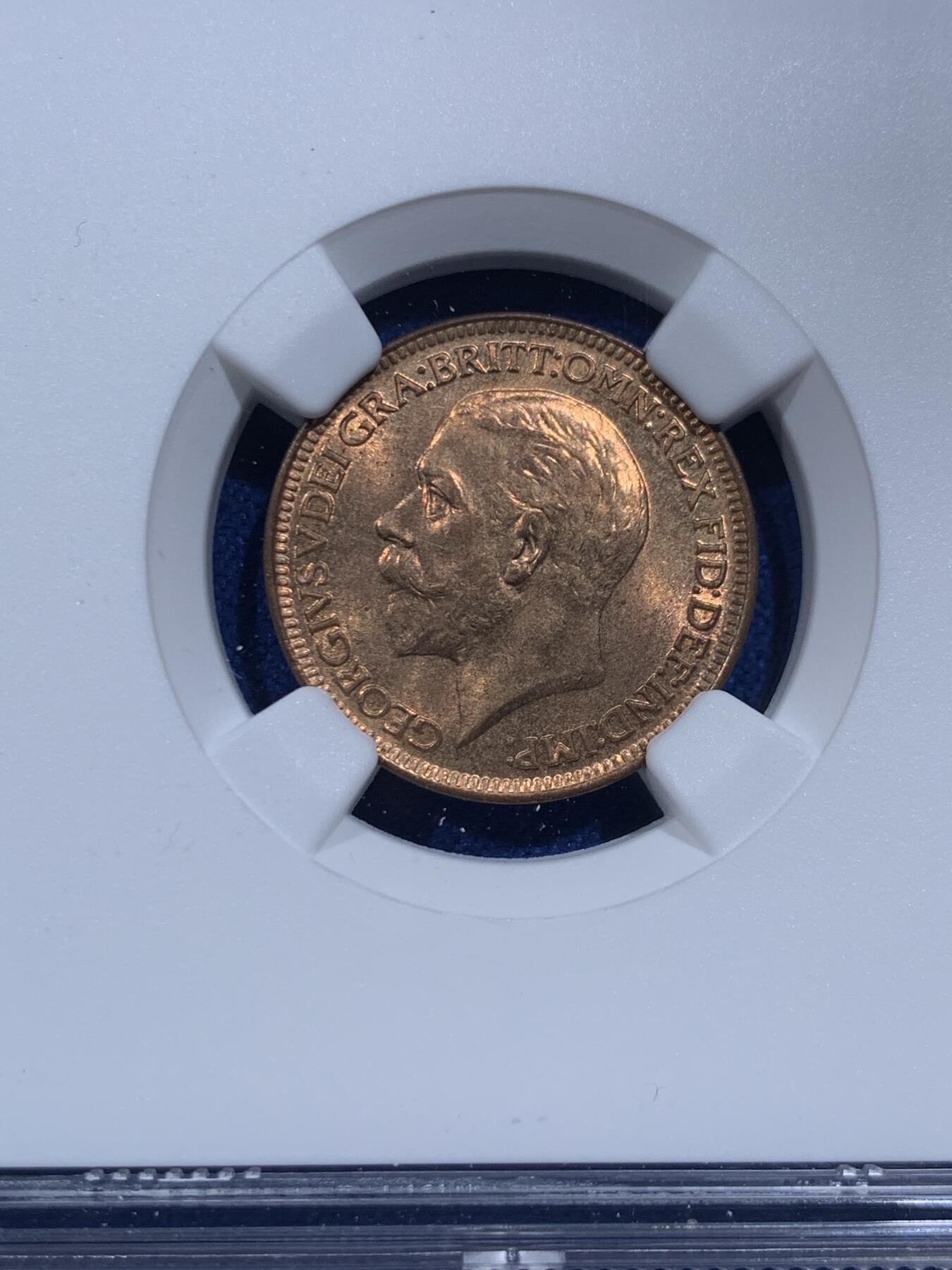 《竞宝斋》第426场 周日，周一  2场连拍 （全场包邮） NGC MS64RB 英国 1928年 乔治五世 1法新铜币 红铜满转光 与麦稀奇的64分拍卖记录 同分中的上乘品 可媲美65的佳品