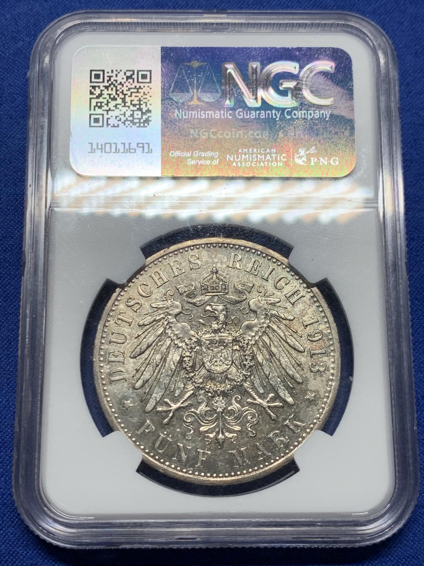 《竞宝斋》第426场 周日，周一  2场连拍 （全场包邮） NGC MS62 德国 1913年 威廉二世戎装像 5马克 银币