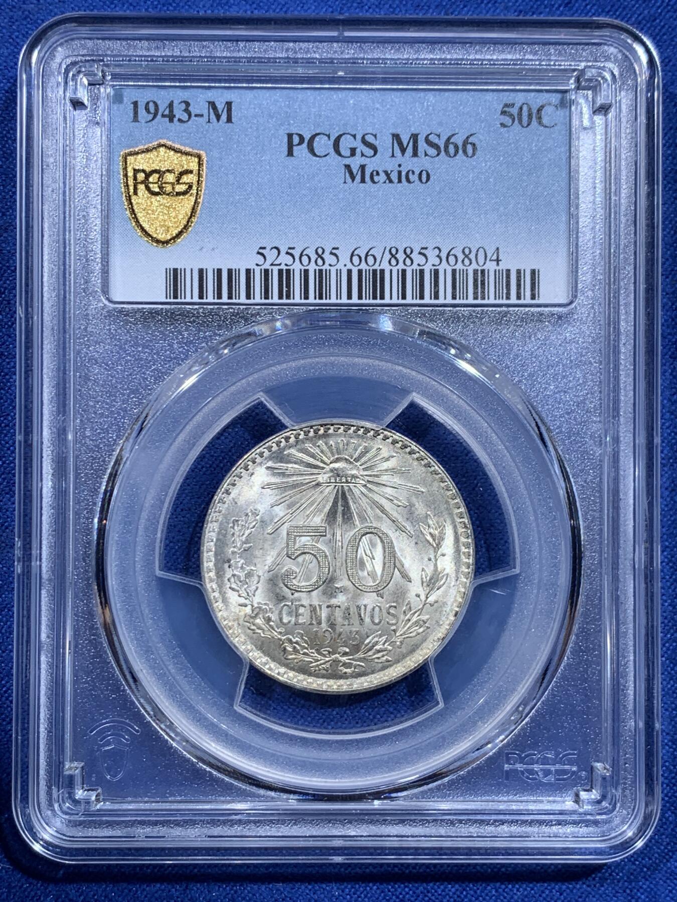 《竞宝斋》第426场 周日，周一  2场连拍 （全场包邮） PCGS MS66 墨西哥1943年鹰洋50分银币，原卷原光，一步到位的藏品，无需换藏的品相。