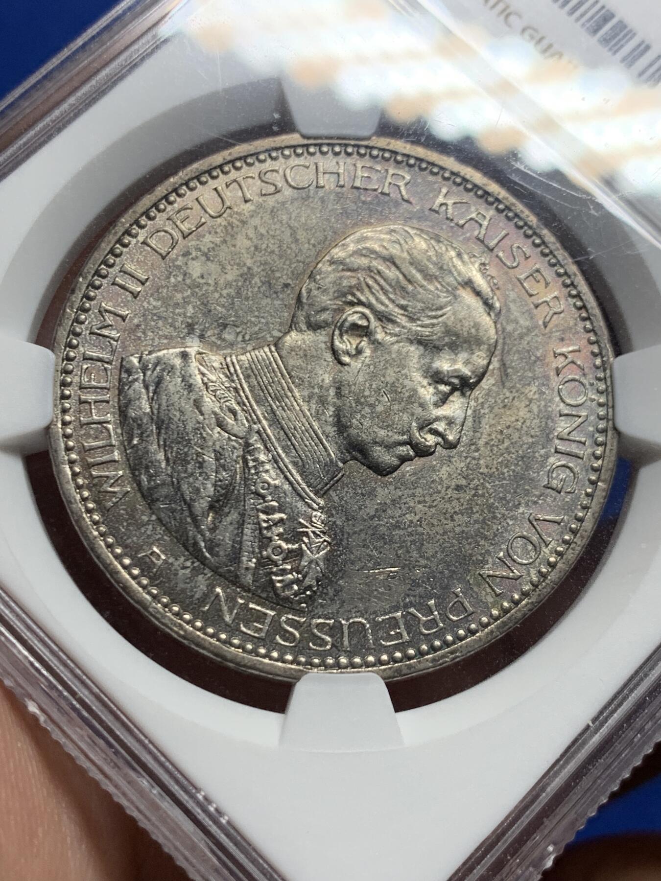 《竞宝斋》第426场 周日，周一  2场连拍 （全场包邮） NGC MS62 德国 1913年 威廉二世戎装像 5马克 银币
