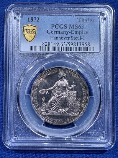 《竞宝斋》第426场 周日，周一  2场连拍 （全场包邮） - PCGS MS63 德国1872年汉诺威射击节女神泰勒章型银币 发行仅6317枚 图像精制感十足 镜面底板