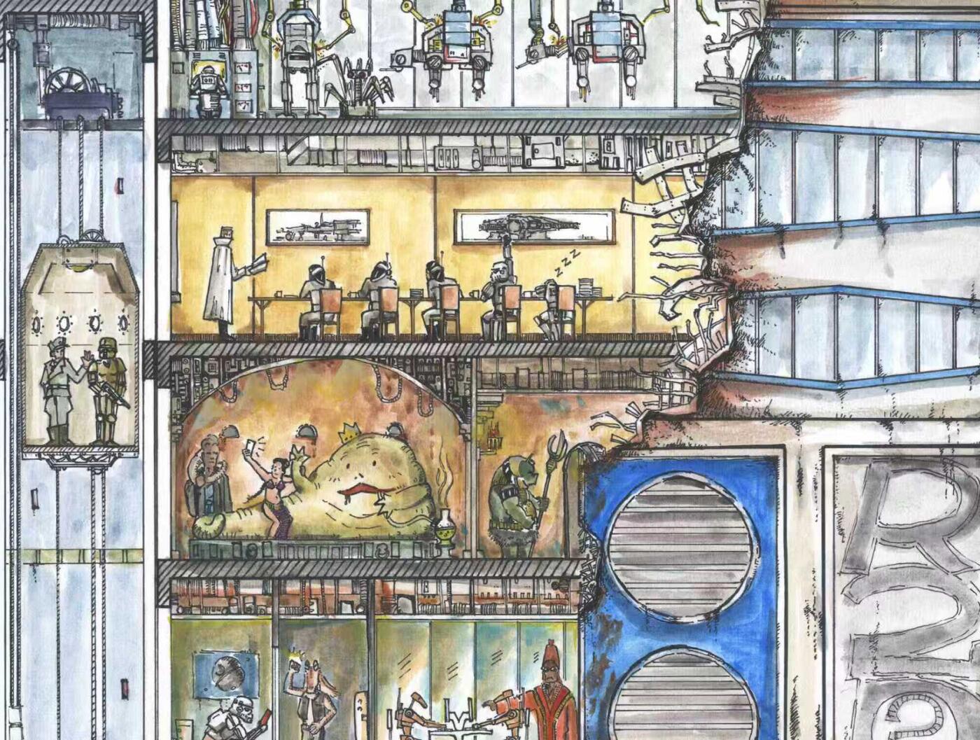 零元拍：歪歪亲笔签名系列作品装饰画作品。名称《R2D2大厦》彩色版，作品尺寸：0.6X0.9M，超厚300g泛太克艺术纸，爱普生原装墨水艺术微喷，限量200张，