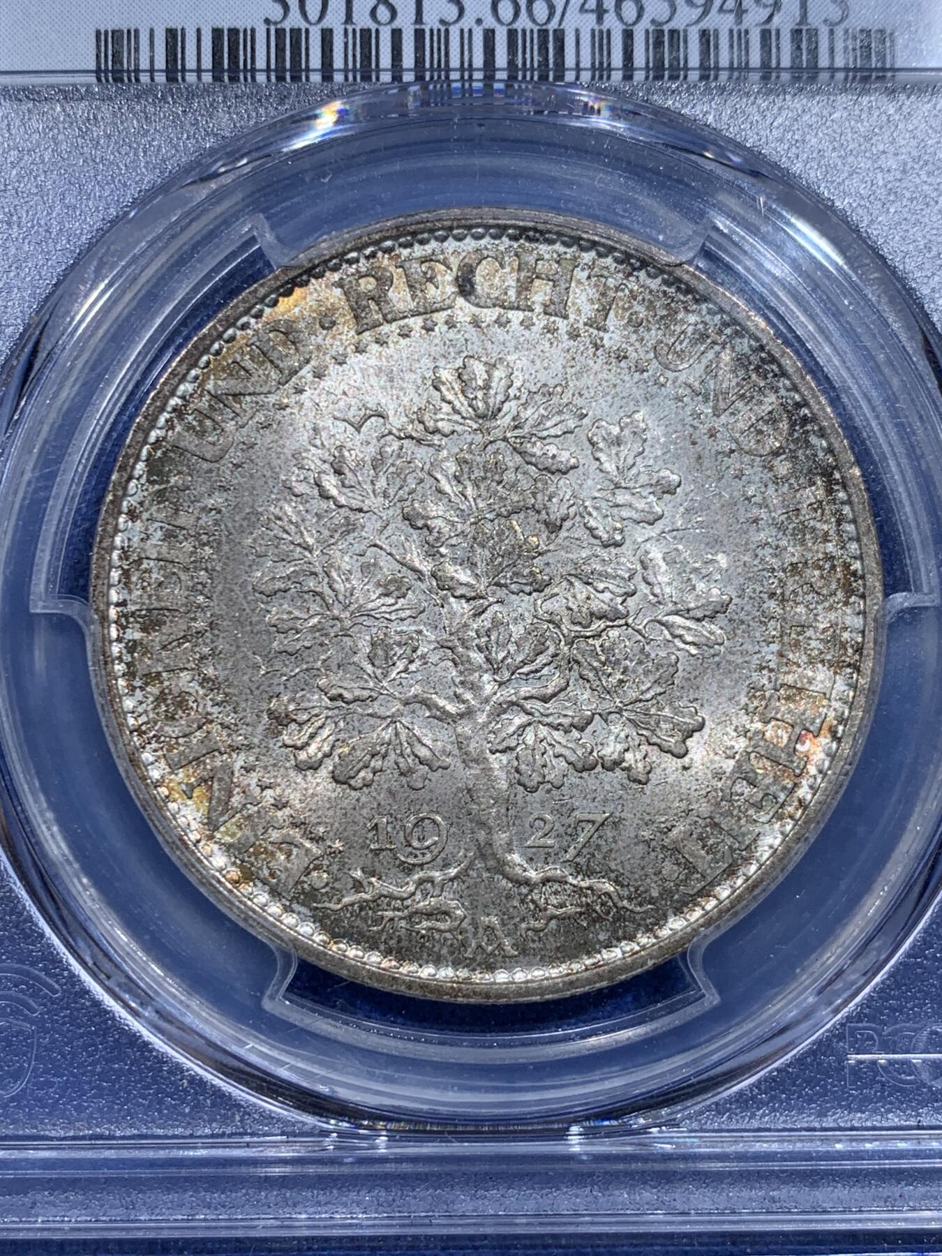 《竞宝斋》第426场 周日，周一  2场连拍 （全场包邮） PCGS MS66 德国魏玛1927A橡树5马克，转光强烈，包浆相当的精美好看 ，在魏玛里面有如此包浆实属不容易，顶级状态。