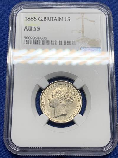 《竞宝斋》第426场 周日，周一  2场连拍 （全场包邮） - NGC AU55 英国1885年 维多利亚小维1先令银币 有分难得