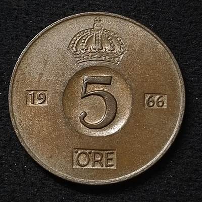 【全场包邮】纯粹捡漏拍466场-待排序 - 瑞典1966年古斯塔夫六世5欧尔铜币