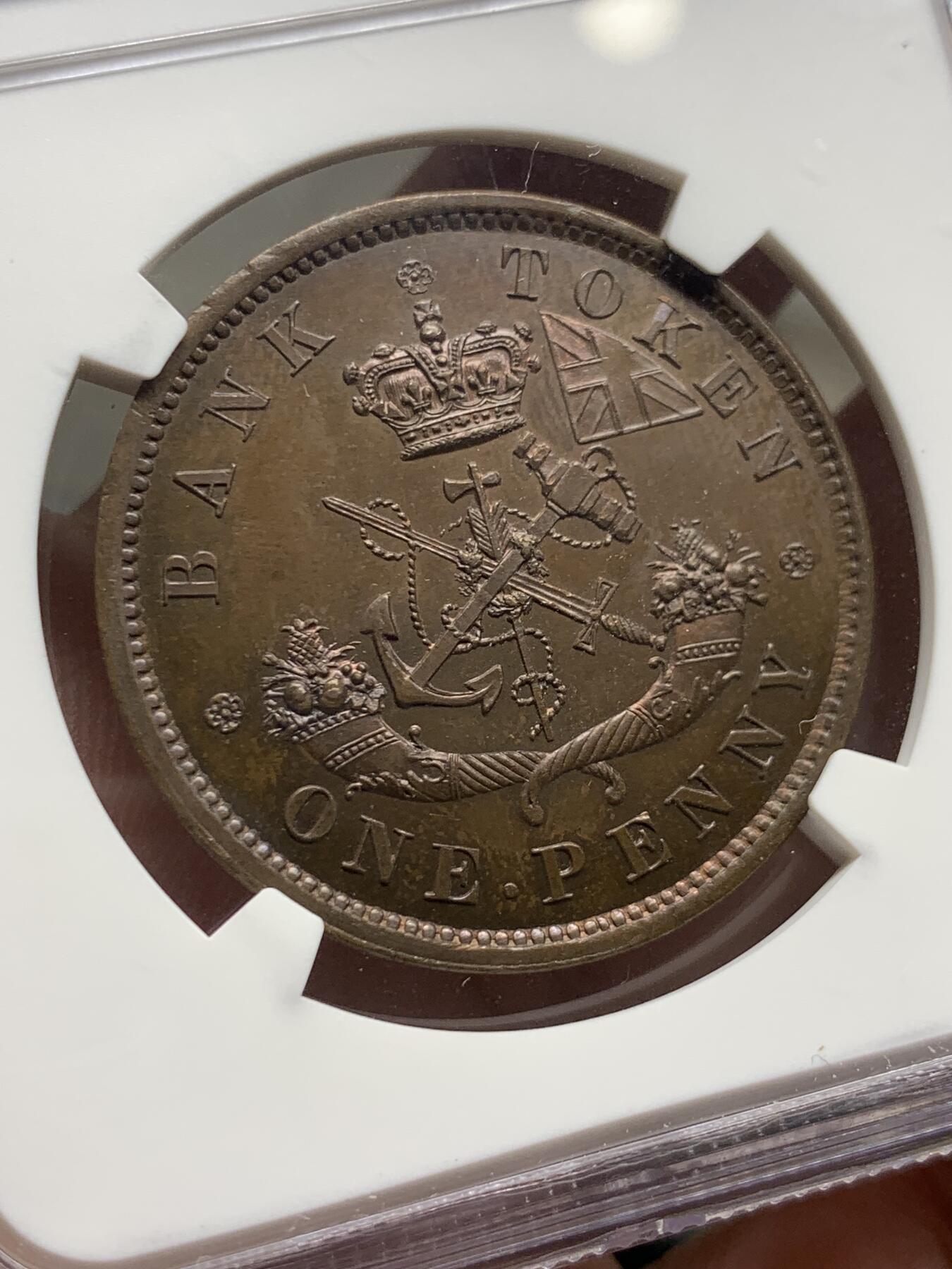 《竞宝斋》第426场 周日，周一  2场连拍 （全场包邮） 冠军分 NGC PF64RB 加拿大 1852年 马剑1便士TOKEN铜币 顶级状态 不二选择