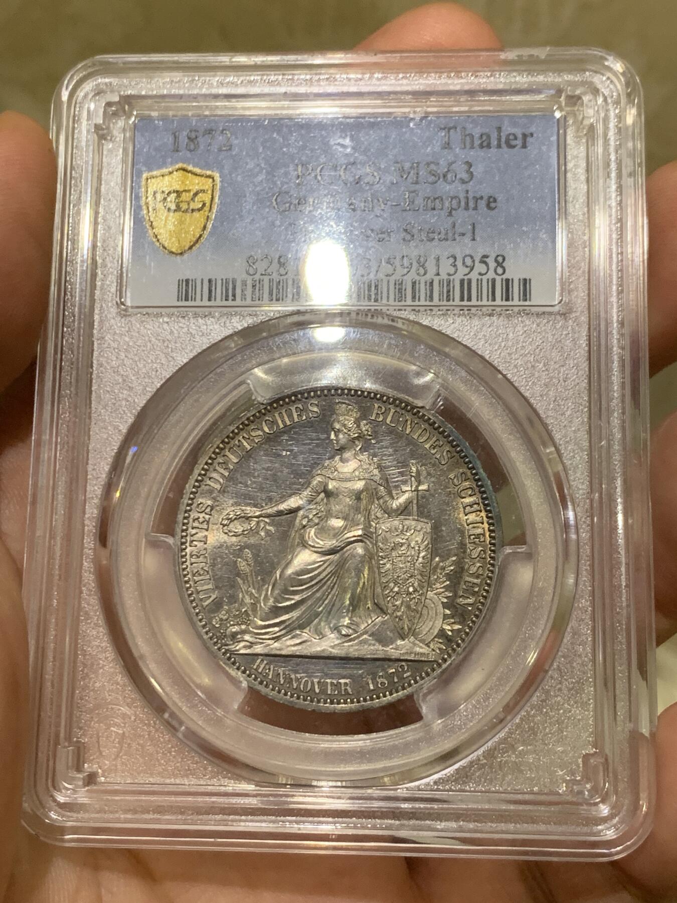 《竞宝斋》第426场 周日，周一  2场连拍 （全场包邮） PCGS MS63 德国1872年汉诺威射击节女神泰勒章型银币 发行仅6317枚 图像精制感十足 镜面底板