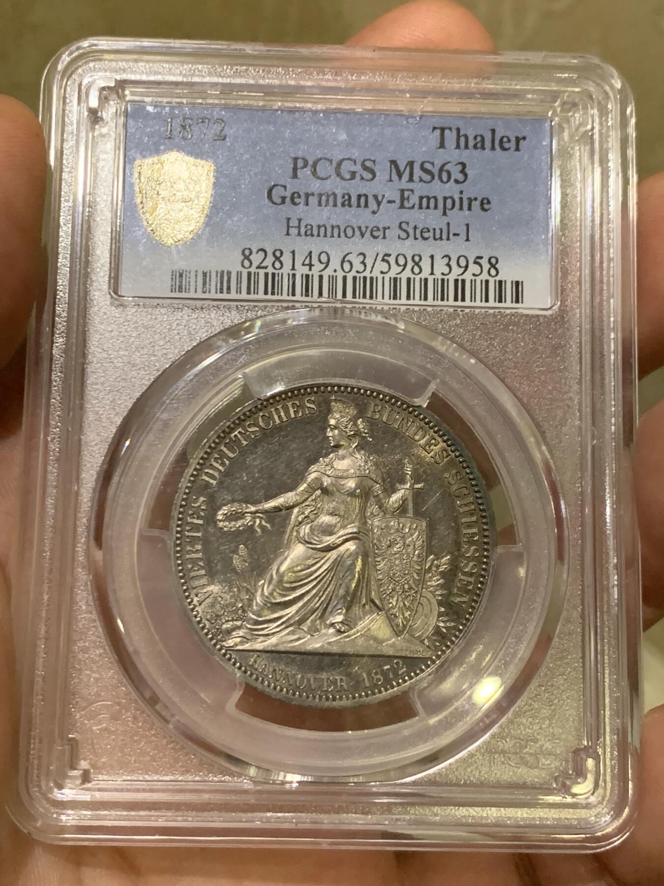 《竞宝斋》第426场 周日，周一  2场连拍 （全场包邮） PCGS MS63 德国1872年汉诺威射击节女神泰勒章型银币 发行仅6317枚 图像精制感十足 镜面底板