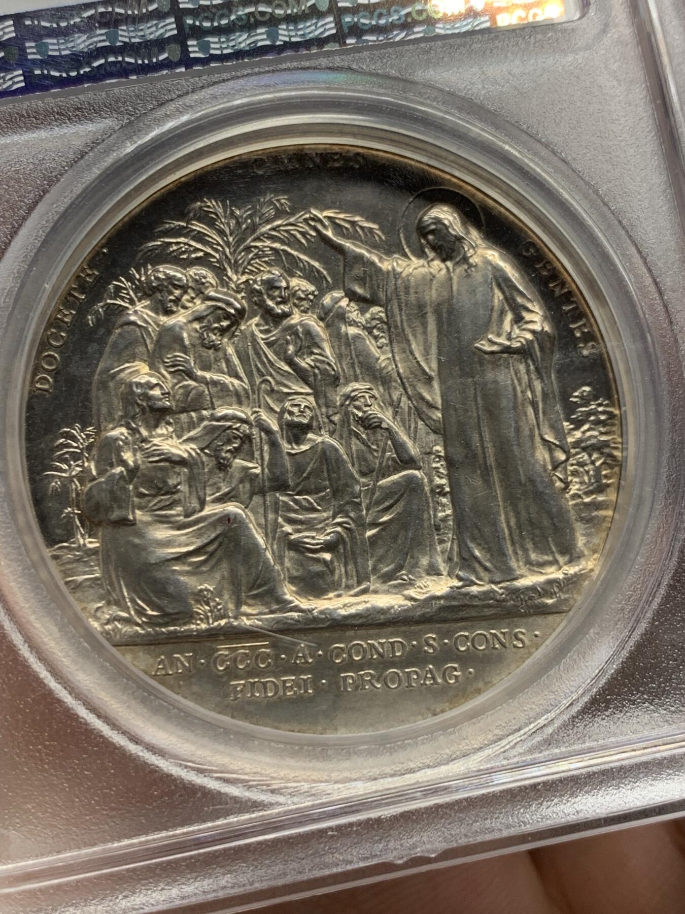 《竞宝斋》第426场 周日，周一  2场连拍 （全场包邮） PCGS SP62 梵蒂冈1922年庇护十一世高浮雕纪念银章 稀少 加厚盒封装