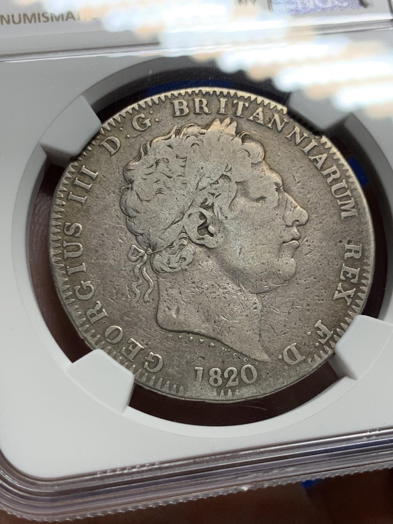 《竞宝斋》第426场 周日，周一  2场连拍 （全场包邮） NGC F15 英国1820年乔治三世马剑克朗银币