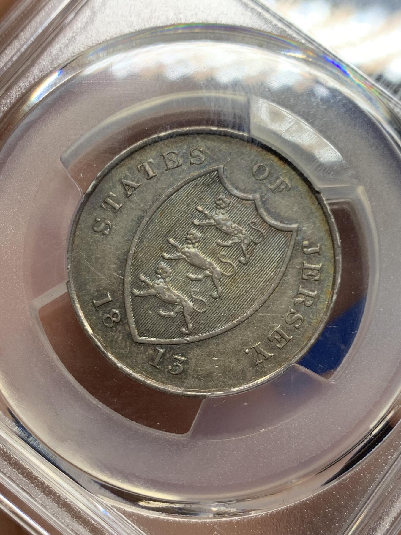 《竞宝斋》第426场 周日，周一  2场连拍 （全场包邮） PCGS AU55 泽西岛1813年18便士银代币 发行量91000枚 亚军分