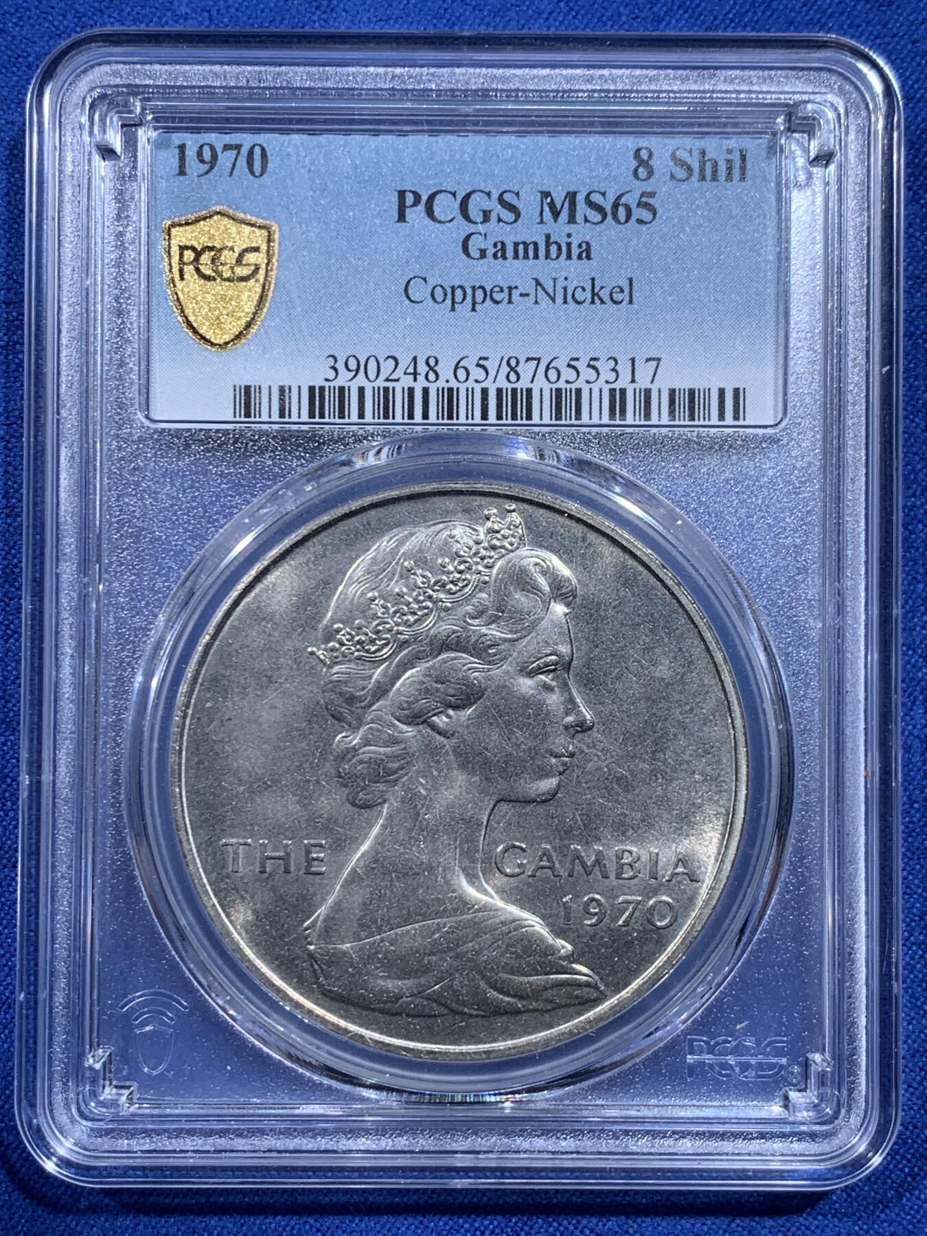 《竞宝斋》第426场 周日，周一  2场连拍 （全场包邮） PCGS MS65 季军分 冈比亚1970伊丽莎白女王8先令河马大镍币，厚重大规格，手感极佳。冈比亚首套流通硬币的最大面值。工艺原因很难出顶级高分。价格还在低位，潜力品种。